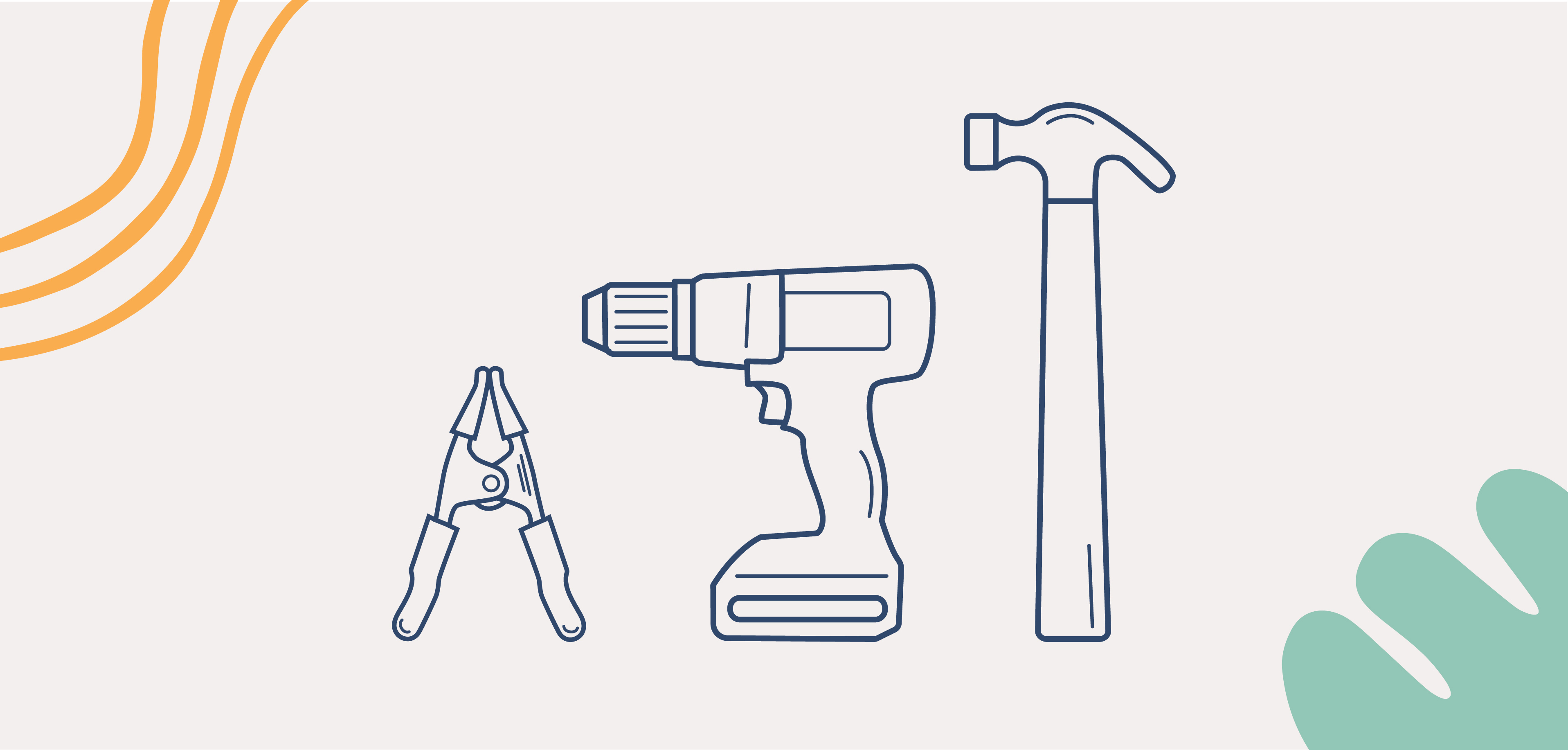 Illustration showing a power drill driver, hammer, and small clamp