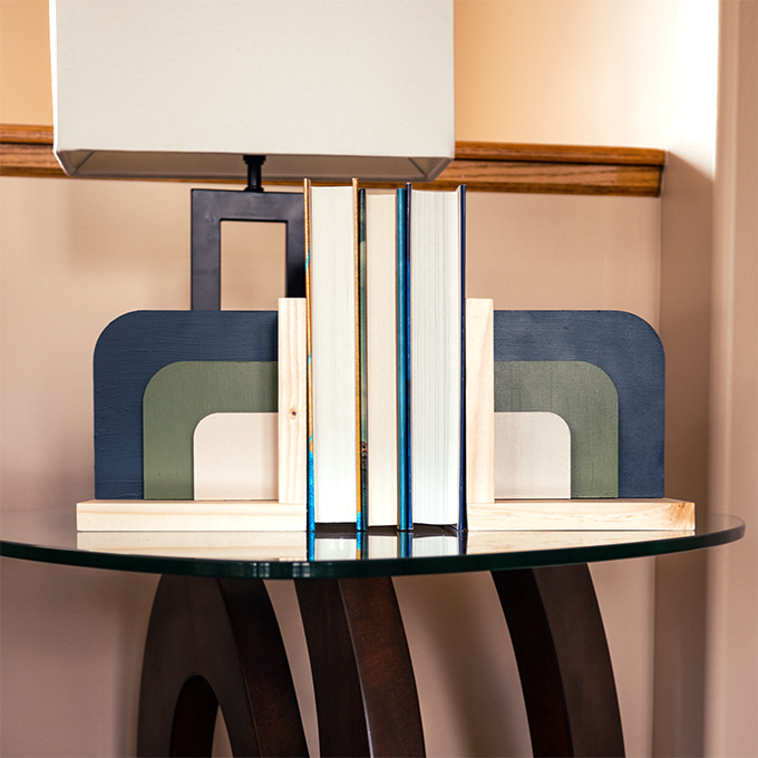 Painted Squared Arch Bookend Kit in Scandi Palette on glass tabletop